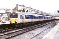 Looking towards the buffer stops along platform 3 at Aberystwyth in early 1985 showing DMU 150 001 shortly after arrival on a clearance testing run.<br><br>[Ian Dinmore 21/01/1985]