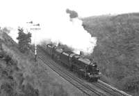 Preserved 'Black 5' No. 5305 + 'Jubilee' 5690 <I>Leander</I>  take the Sheffield line at Chinley North Junction on a misty Saturday 24th September 1977 with the <I>Stanier Jubilee Express</I>. The special started in Manchester and ran via Sheffield, York, Leeds and Carnforth.<br><br>[Bill Jamieson 24/09/1977]