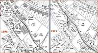 Two extracts from large scale maps of Port Bannatyne on the Isle of Bute. The first, from 1896, shows what was then the Horse Tram Depot with a simple two road layout and a single line with loop outside on the main road. Alongside is a 1919 map, by which time the tramway had been electrified, double tracked and extended to Ettrick Bay. The fleet of 20 tramcars required a much bigger depot and this is clearly shown on the map. Although the tramway closed in 1936 the depot survives to this day as the island's bus garage [See image 32885].<br><br>[Mark Bartlett //1896]