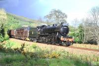 61994 <I> The Great Marquess</I> and 37676 <I> Loch Rannoch </I> start the descent into Monessie Gorge east of Roy Bridge with <I> The Cathedrals Explorer </I>  on 8 May 2011.<br><br>[John Gray 08/05/2011]