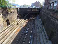 The site of Glasgow Green station looking towards Bridgeton on 2 May. It doesn't seem to have been thought worthwhile providing access to London Road (in the background), perhaps because Bridgeton Cross station, on the same line, was so near. <br>
<br><br>[David Panton 02/05/2011]