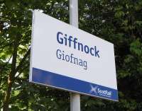 For monoglot Gaels who have got all the way to Giofnag without knowing the anglicised version of the name it has borne for several hundred years, this sign will surely be welcome confirmation. Station sign at Giffnock, 2 May 2011. <br>
<br><br>[David Panton 02/05/2011]