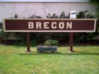 Better than nothing I suppose - this nameboard on the down platform is sadly all that remains of Brecon station in May 2011, the site now being occupied by a care home.<br><br>[Ken Strachan 08/05/2011]