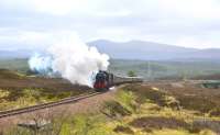 With light rain over Rannoch Moor, K4 61994 <i>The Great Marquess</i> + Black 5 45231 <i>The Sherwood Forester</I> double head the SRPS <I>West Highlander</I> up the gradient from the Gaur Viaduct towards Rannoch Station on 14 May.<br><br>[John Gray 14/05/2011]
