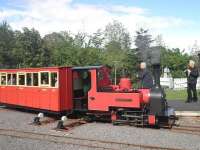 Steam hauled train on the 3.4km long 15 inch gauge Diffin Lake Railway at Oakfield Park, County Donegal, photographed in May 2011.<br><br>[John Yellowlees /05/2011]