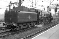 Britannia Pacific no 70038 <I>Robin Hood</I> at Stockport on 2 July 1967 about to take over an SLS railtour from Birmingham New Street which it will take on to York via the Standedge route. [see image 30101].<br><br>[Robin Barbour Collection (Courtesy Bruce McCartney) 02/07/1967]