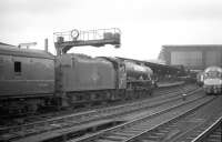 Jubilee no 45697 <I>Achilles</I> arrives at Carlisle platform 3 in July 1967 after bringing train 1S67, the 9.20am London St Pancras - Glasgow Central, over the S&C route from Leeds. [See image 34755]<br><br>[Robin Barbour Collection (Courtesy Bruce McCartney) 15/07/1967]