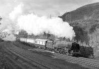 46229 <I>'Duchess of Hamilton'</I> accelerates out of the reverse curves shortly after clearing the eastern portal ofStandedge Tunnel on 11 November 1980. The special will shortly pass through Marsden Station on its way from Liverpool to York to mark the150th anniversary of 'mail by rail'. <br><br>[Bill Jamieson 11/11/1980]