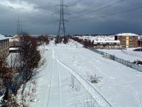 View north east at Boldon North Junction on a wintry 28 February 2004. The line in the left foreground runs to Boldon West Junction and that in the right foreground to Boldon East Junction (the latter was reinstated in May 2011). Alongside the pylon in the centre background the line divides at Green Lane Junction with the Tyne Dock route turning off to the left and what is now a turnback siding (formerly the line to South Shields) running to the right.<br><br>[Ewan Crawford 28/02/2004]