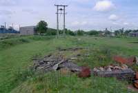 View east at Douglas West from the former eastbound platform. A part of the bing remains in the distant left. Portions remain of both station buildings, the goods shed and a loading bank. Close to the former level crossing is a stationmasters house (right background). The platforms were timber so not much remains of them except humps.<br><br>[Ewan Crawford 24/06/2001]