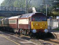 DRS 47790 in <I>'Northern Belle'</I> Pullman colours seen here on 24 May passing through Leyland on an ecs move from Keighley to Crewe via Hellifield & Carnforth (with 47810 on the rear). It is believed to have been on the Keighley & Worth Valley Railway for filming purposes.<br>
<br><br>[John McIntyre 24/05/2011]