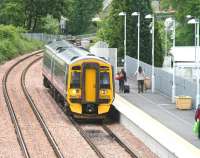 The 12.36 train to Glasgow Queen Street boarding at Alloa on 28 May 2009, during the new station's second week of passenger operations.<br><br>[John Furnevel 28/05/2009]