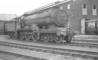 B12 inside cylinder 4-6-0 no 61572 stands in the yard at Stratford shed on 9 October 1961, shortly after its official withdrawal by BR the previous month. This unique survivor was subsequently stored at Stratford until completion of its eventual purchase in 1963 (along with J15 no 65462) by the M&GN Railway Society. [See image 34274]<br>
<br><br>[K A Gray 09/10/1961]