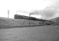 An unusual and powerful combination on Beattock in the spring of 1965. An A2 Pacific and a 9F 2-10-0 seen near Greskine with a lengthy freight. The A2 is thought to be no 60525 <I>A H Peppercorn</I>.<br><br>[Robin Barbour Collection (Courtesy Bruce McCartney) //1965]