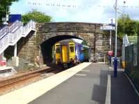 The 11.05 for Kilmarnock runs into the station at Dunlop on 31 May 2011.<br><br>[Colin Miller 31/05/2011]
