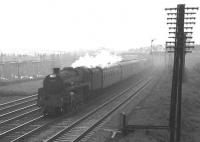 Despite the dull and overcast weather at Hillington West it looks like this is still a washing day for the residents of  Linburn Road. The date is May 1963 as BR Standard Class 5 4-6-0 no 73077 hurries by with a Glasgow-bound extra.<br><br>[Colin Miller /05/1963]