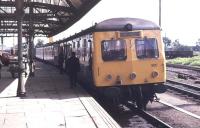 A DMU stands at Elgin East in 1979. <br><br>[Ian Dinmore //1979]