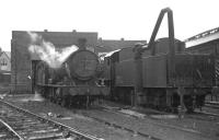 No let up in the rain at Sunderland South Dock on 27 May 1967, as now preserved Q6 0-8-0 No. 63395 [see image 25974] stands in steam outside the straight shed alongside WD 2-8-0 No. 90417. <br><br>[Bill Jamieson 27/05/1967]