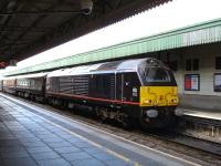 Royal Train liveried DBS 67006 runs into Platform 5 at Cardiff Central on 7 June with the ECS of the Royal Train. The train was collecting HM The Queen for return to London after opening the new session of the Welsh Assembly at Cardiff Bay.<br><br>[David Pesterfield 07/06/2011]