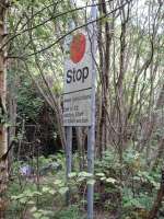 Stop board for the end of section south from Caerau, still in place amongst trees on the overgrown trackbed halfway between the former and present Maesteg Stations in June 2011. [See image 33866]<br><br>[David Pesterfield 07/06/2011]