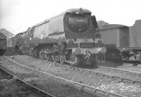 Bulleid 'West Country' Pacific no 34006 <I>Bude</I> standing in the shed yard at Eastleigh. The photograph is thought to have been taken in August 1961.<br><br>[K A Gray 13/08/1961]