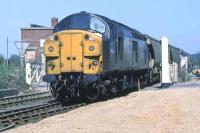 Locomotive 37 080 looms over the level crossing at the former North Elmham station on April 27th 1984. It has just completed shunting the cramped sidings alongside Seaman's granary (closed 1989) and is setting off south to Dereham and Wymondham with loaded grain wagons.<br><br>[Mark Dufton 27/04/1984]