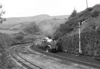 The Marsden down home signal has just cleared as the driver opens the regulator to accelerate <I>Sir Nigel Gresley</I> and the eastbound 'Pennine Pullman' on its journey towards Leeds on 9th October 1982. <br>
<br><br>[Bill Jamieson 09/10/1982]