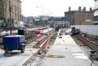 Looking east towards Haymarket on Sunday 10 July 2011 with tram rails now in place alongside the station. <br><br>[John Furnevel 10/07/2011]