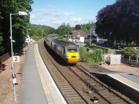 The 0755 Inverness to Kings Cross service rolls in to Pitlochry <I>right time</I> on 28th June 2011. 43290, seen from the footbridge, is leading the train (43307 on the rear) and with a bit of fleet footwork.....[See image 34809]<br><br>[Mark Bartlett 28/06/2011]