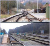 The layout at Treherbert station in February 2011. <br/>Top view looks north west and shows the line end run round loop up ahead, overnight stabling siding entrance line on the left, and platform line to the right. (All remarkably weed free.)<br/> <br>
The Lower image shows the platform, running line and overnight stabling sidings looking south east back down the valley towards Cardiff .<br>
<br><br>[David Pesterfield 17/02/2011]