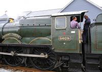 Close-up of 5029 <I>Nunney Castle</I>  standing at Dorchester West on 17 July 2011 prior to taking a special on to Weymouth [see image 34900].<br><br>[Peter Todd 17/07/2011]