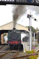 The 14.05 train for Manuel about to depart from Boness on 21 July behind Barclay 0-6-0T <I>Braeriach</I>, currently on loan from The Strathspey Railway.<br><br>[Bill Roberton 21/07/2011]