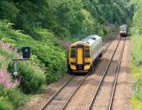 Scene amongst the summer greenery 50 yards west of Grahamston station on 25 July as the departing 13.31 Edinburgh - Dunblane service meets the incoming 13.21 Glasgow Queen Street - Falkirk Grahamston. <br><br>[John Furnevel 25/07/2011]