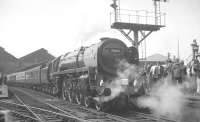 Britannia Pacific no 70013 <I>Oliver Cromwell</I> waits at the platform at Blackburn on 28 July 1968 during a photostop with the SVRS/MRTS <I>'Farewell to Steam'</I> railtour.<br><br>[K A Gray 28/07/1968]