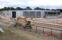 The east end of the Edinburgh Tram depot at Gogar on 1 August, with tracklaying in progress.<br>
<br><br>[Bill Roberton 01/08/2011]