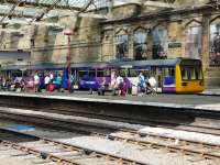 Northern DMU 142079 ready for departure from Carlisle with the 13.30 to Newcastle on 30 July.<br><br>[Ken Browne 30/07/2011]