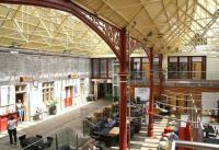 Part of the interior of the former Richmond station in North Yorkshire on 27 June 2011. View from the upper gallery which was hosting an exhibition of local paintings at the time. [See image 3293]<br><br>[John Furnevel 27/06/2011]