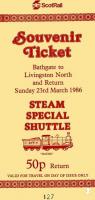 Souvenir ticket from the reopening of Bathgate station in 1986.<br><br>[Colin Miller 23/03/1986]