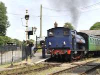 East Somerset Railway 0-6-0ST <I>Moorbarrow</I> departing Cranmore with the westbound 1400hrs train on 3 August 2011.<br>
<br><br>[Peter Todd 03/08/2011]