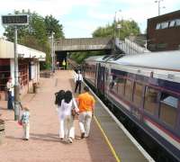 <i>'ALL CHANGE HERE PLEASE...'</i> The 14.21 service ex-Glasgow Queen Street via Cumbernauld has just arrived at its final destination at Falkirk Grahamston on 25 July. The train will now head for the Grangemouth branch for a short layover after which it will run back into the westbound platform to form the return working [see image 35008]. <br><br>[John Furnevel 25/07/2011]