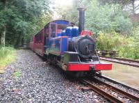 'Victoria' waits at Torosay on the Isle of Mull Railway with the stock of the 11.40 to Craignure on 14 August 2011. It is understood that negotiations are continuing regarding the proposed move of the railway to Balloch, using a route that should include some of the old trackbed of the line down to Balloch Pier. [See image 31760]<br>
<br><br>[Malcolm Chattwood 14/08/2011]