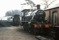 Ivatt class 2MT 2-6-0 no 46443 appears to have come undone at Bridgnorth in the spring of 1974.<br><br>[Colin Miller //1974]