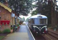 A West German built railbus waits to form the last departure of the day from the re-built Holt station on the North Norfolk Railway on 17th June 2011. For a unit built well over 50 years ago, I can vouch for the fact that it is surprisingly nippy. And great views to front and rear of course.<br>
<br><br>[David Spaven 17/06/2011]