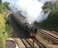 The Compass Tours 'Mersey Moorlander' charter sets off south from Preston on 15 August behind Britannia Pacific no 70013 <I>Oliver Cromwell</I>. The special is seen approaching Farington Curve Junction where it will swing west before crossing the WCML <br>
and heading east towards Blackburn.<br>
<br><br>[John McIntyre 15/08/2011]