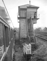The Strathspey Railway Association <I>Strathmore Express</I> takes the Kinneil branch past Boness Junction signal box on 25 May 1974.<br><br>[Bill Roberton 25/05/1974]