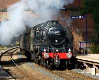 Stanier Black 5 no 45305 storms under Watkin Lane road bridge and <br>
into Lostock Hall Station on 22 August 2011 with the weekly Compass Tours <i>Mersey Moorlander</i> railtour to Carlisle.<br>
<br><br>[John McIntyre 22/08/2011]