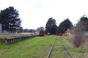 The entire station area at Trentham looking towards Carlsruhe. Passenger building to right, goods shed to left. Scattered around are various wagons in states of decrepitude. The track ends just behind the camera and at the trees in the distance.<br>
<br><br>[Colin Miller //]