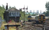 158732 heads south past Stirling Middle SB on 20 August 2011 shortly after leaving the station. In the background no 57601 stands at the north end of the stabled stock for the 'Edinburgh Military Tattoo Statesman' special.<br><br>[John McIntyre 20/08/2011]