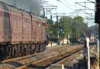 Heading south along the WCML under clear signals on 22 August 2011, Black 5 no 45305 approaches the site of Brock station with the return leg of <I>The Mersey Moorlander</I> railtour from Carlisle to Liverpool and Crewe.<br><br>[John McIntyre 22/08/2011]