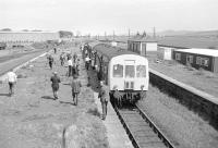 A DMU stands at the platform at Coupar Angus during a photostop in May 1974. The special is the Strathspey Railway Association's <I>'Strathmore Express'</I> which had recently arrived from Edinburgh Waverley.<br><br>[Bill Roberton 25/05/1974]